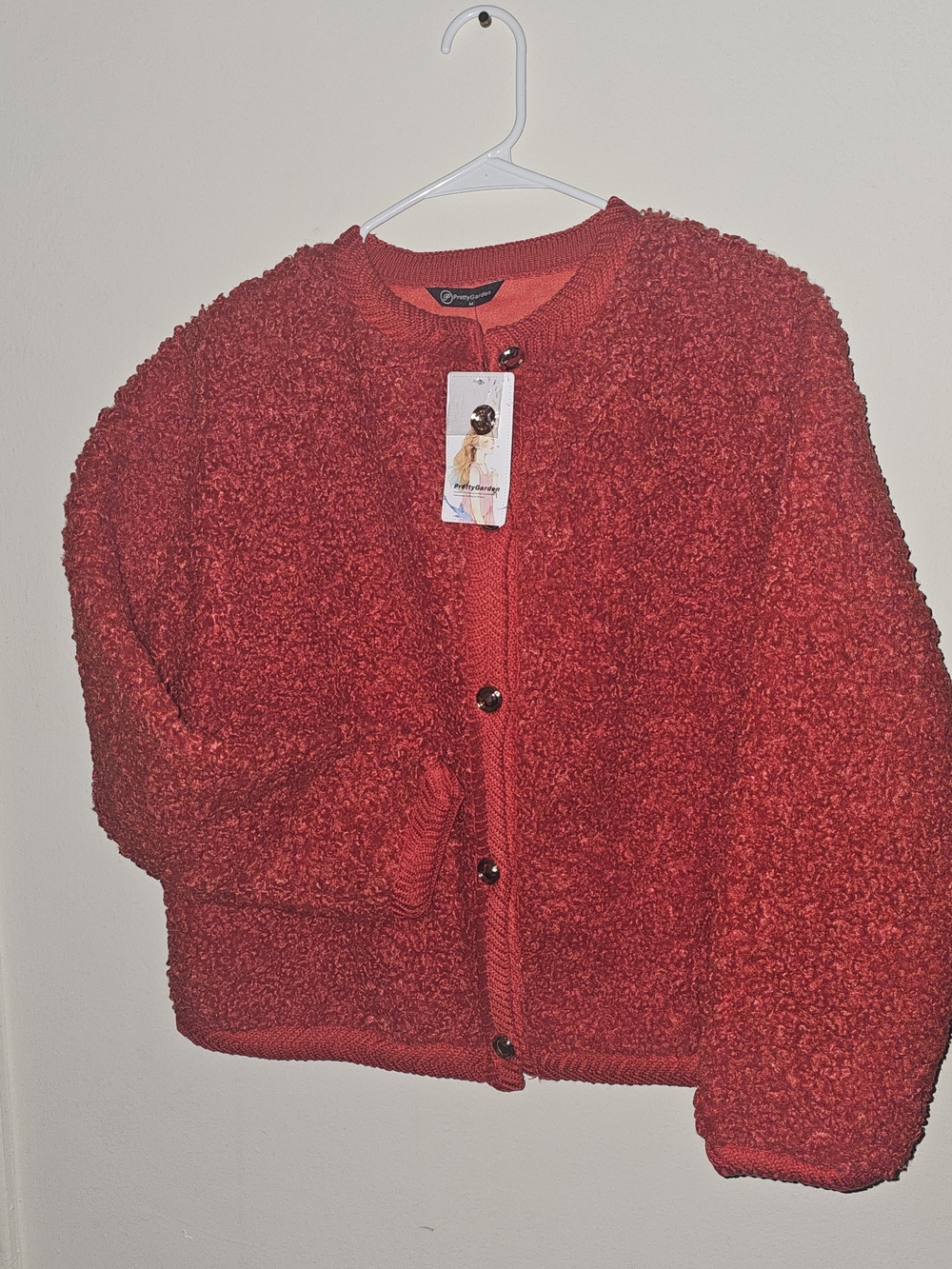 Cozy Red Bouclé Button-Front Women's Cardigan